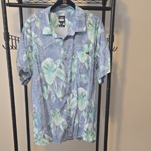 Billabong Blue and Green Leaf Print Button Down Hawaiian Shirt